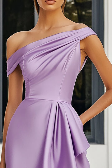 Lilac Satin Ruched Bodycon Short Cocktail Dress with Ruffles